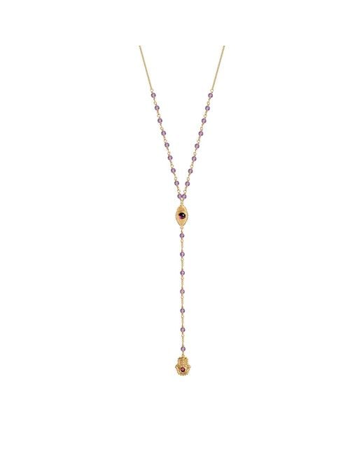 Karma and Luck Metallic Amethyst Evil Eye Hamsa Lariat Necklace – Protection & Peace Jewelry – Peace Of Spirit
