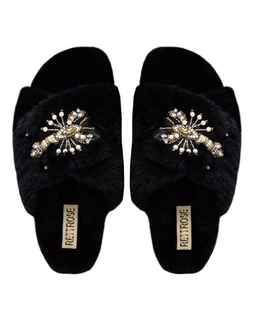 Rettrose Black Anastasia Luxury Plush Diamanté Embellished Handmade Slipper