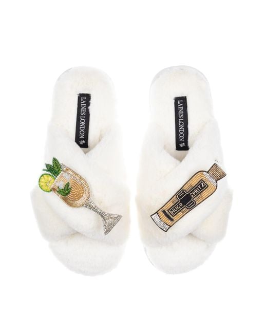 Laines London White Neutrals Classic Laines Slippers With Hugo Spritz Brooches