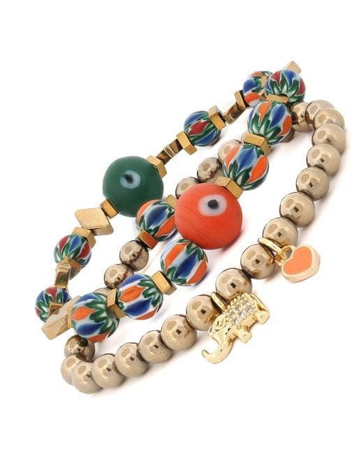 Ebru Jewelry Metallic Elephant & Heart Charm Design African Beaded Protection Bracelet Set