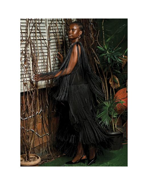 Chuks Collins Blue Ajah New Collection Drop-Hand-Layered Fringe Mesh Dress