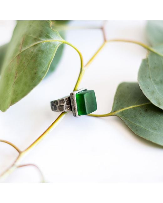Smart Glass Jewelry Green Recycled Wine Bottle Cube Ring Pine
