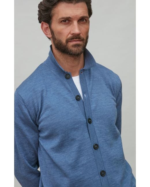 Paul James Knitwear Blue Extra Fine Merino Wool Cassius Polo Cardigan for men