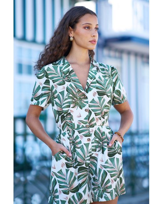 Yumi' Green Viscose Leaf Print Retro Playsuit