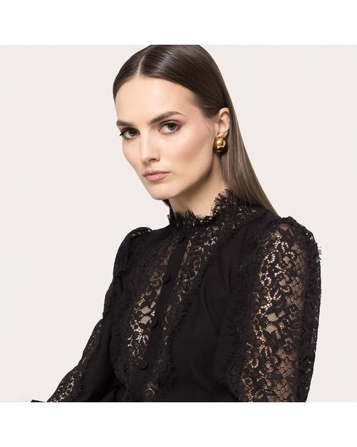 Nissa Black Lace-Insert Viscose Midi Dress
