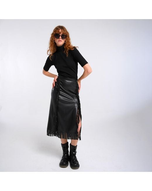 Lalipop Design Black Vegan Leather Midi Fringe Skirt