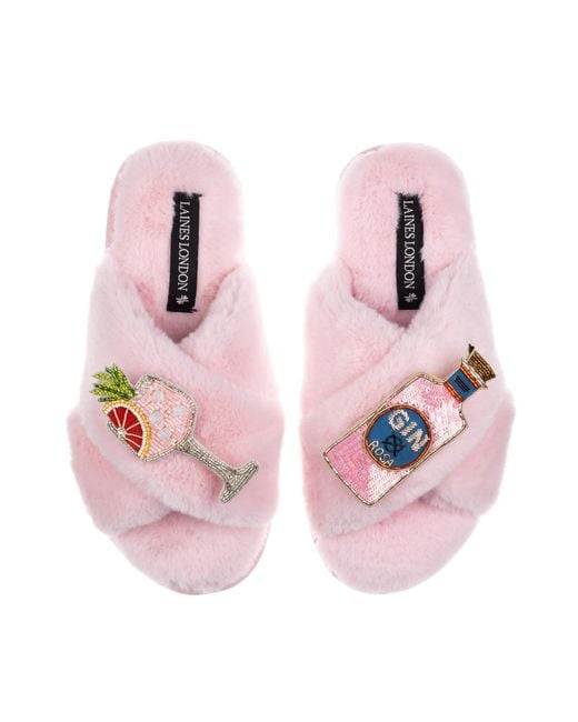 Laines London Pink Classic Laines Slippers With Rosa & Grapefruit Gin Brooches