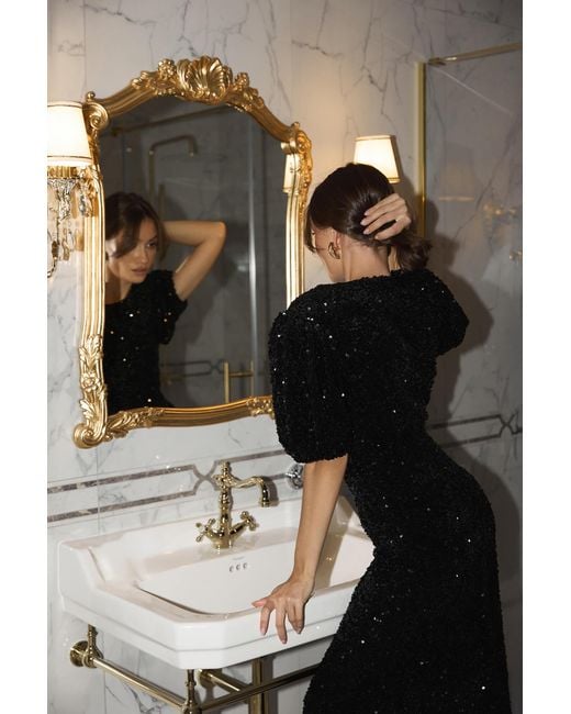 POST MERIDIEM Black Sequin Decorated Velvet Puff Sleeve Midi Dress