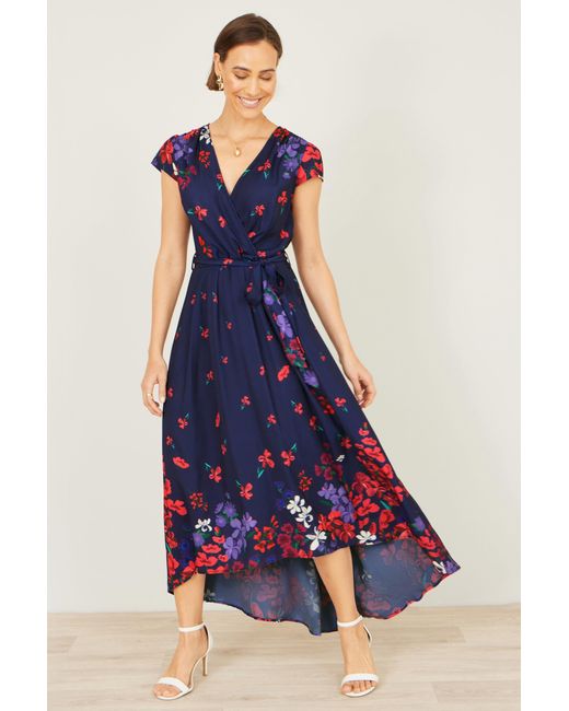 Yumi' Blue Floral Mirror Wrap Dress With Dip Hem