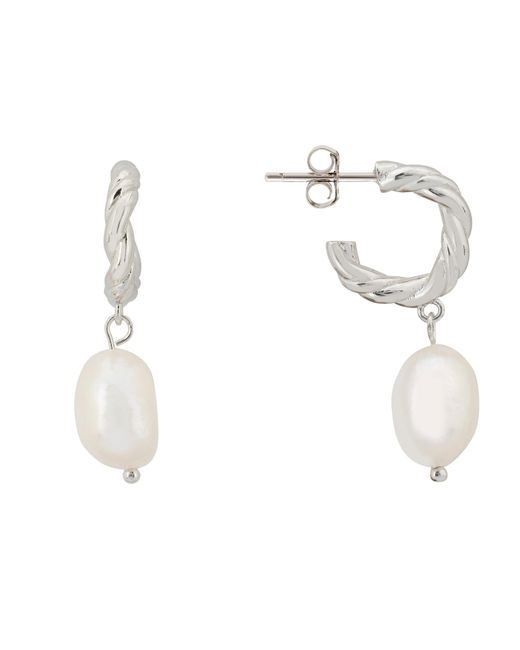 Latelita London White Twisted Flax Pearl Hoop Earrings Silver
