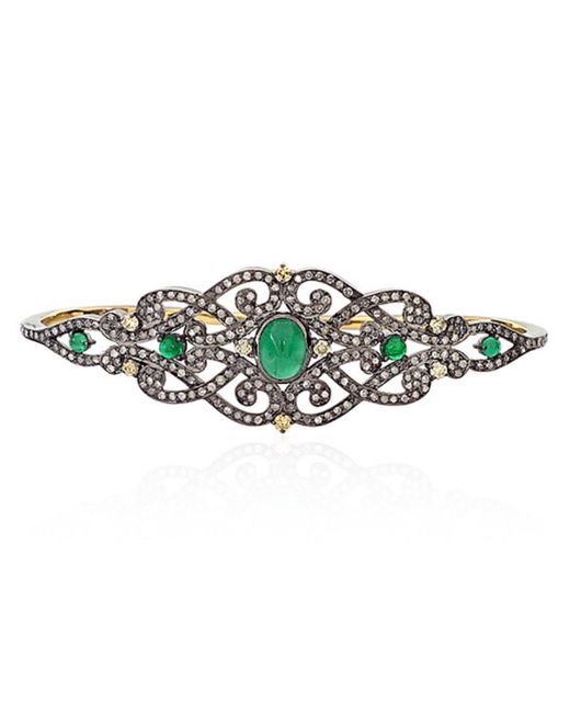 Artisan Green Bezel Set Emerald & Diamond In 18k Solid Gold With Silver Palm Bracelet Indian Wedding Jewelry