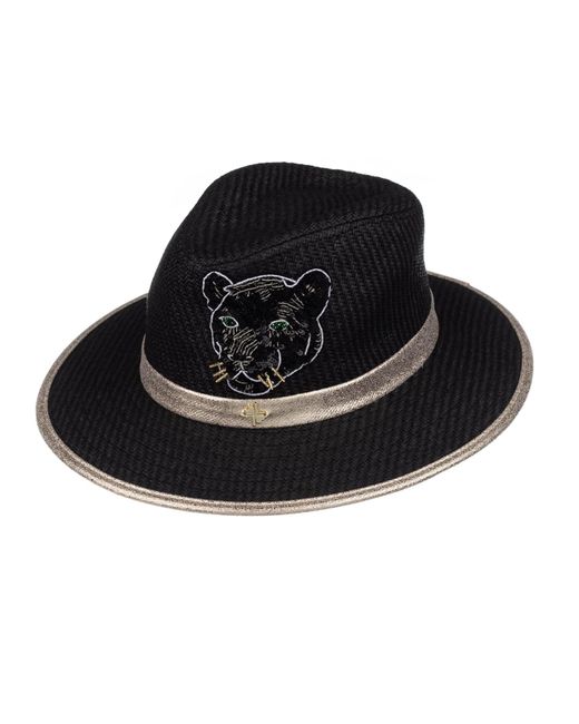 Laines London Black Straw Woven Hat With Couture Embellished Panther Design