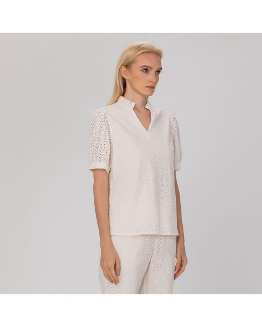 Smart and Joy White Neutrals Eyelet Cotton Lace Loose Blouse -Cream