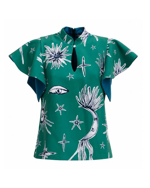 Julia Allert Green Stand Collar Ruffle Sleeve Blouse – Celestial Print