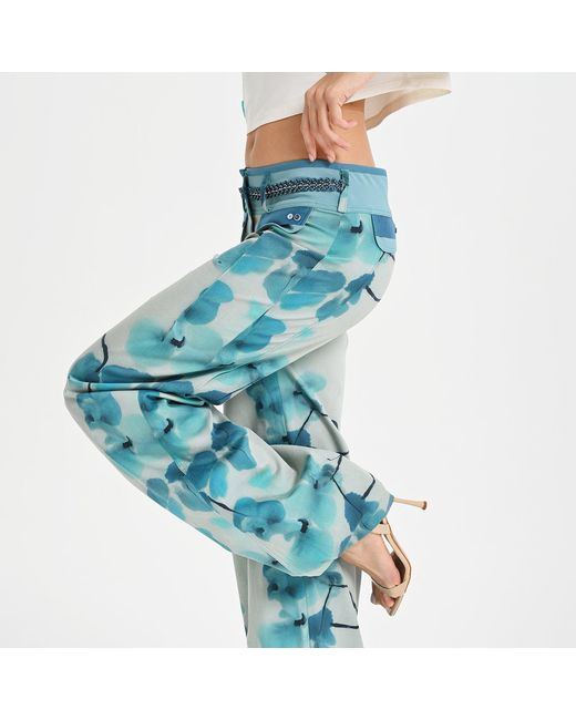 Lalipop Design Blue Stylised Floral Wide-Leg Pants