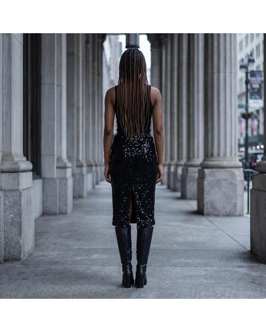 Modenaire Black Sequin Midi Skirt With High Waist And Slim Pencil Silhouette
