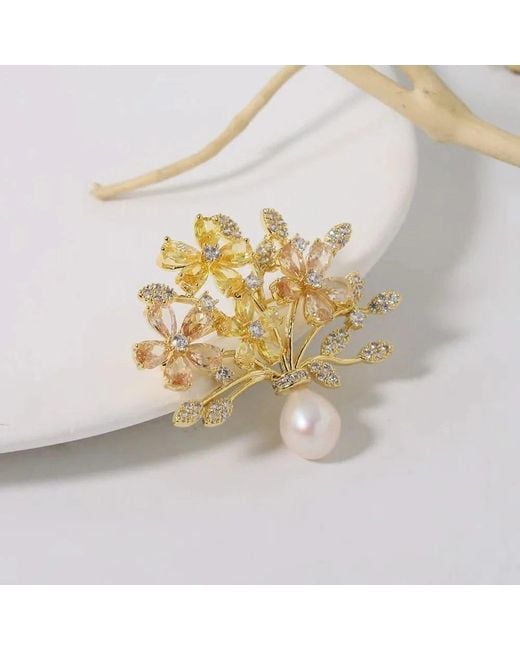 Angel Barocco Metallic Vintage Floral Zircon & Pearl Brooch