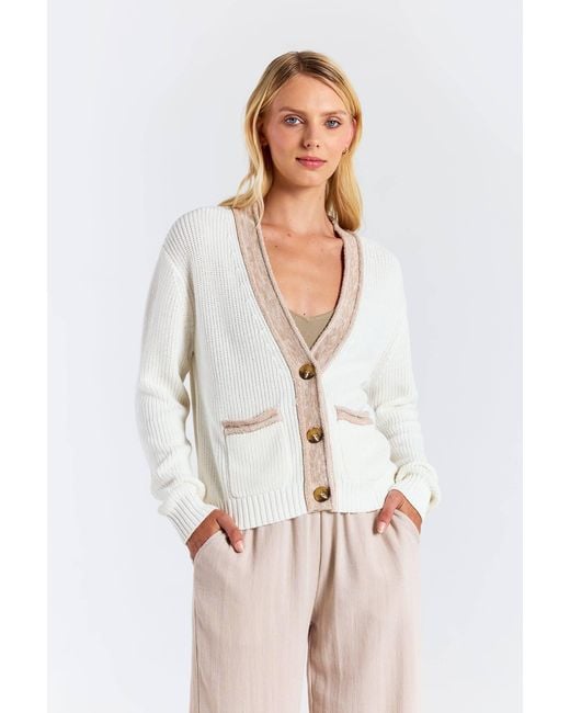 Brodie Cashmere White Contrast Effect Trim Cardigan