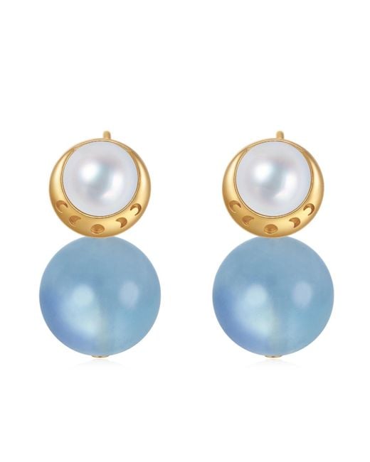 Aurozia Blue Starry Moon Lunar Phase Vermeil Aquamarine Pearl & Moon Crystal Stud Earrings