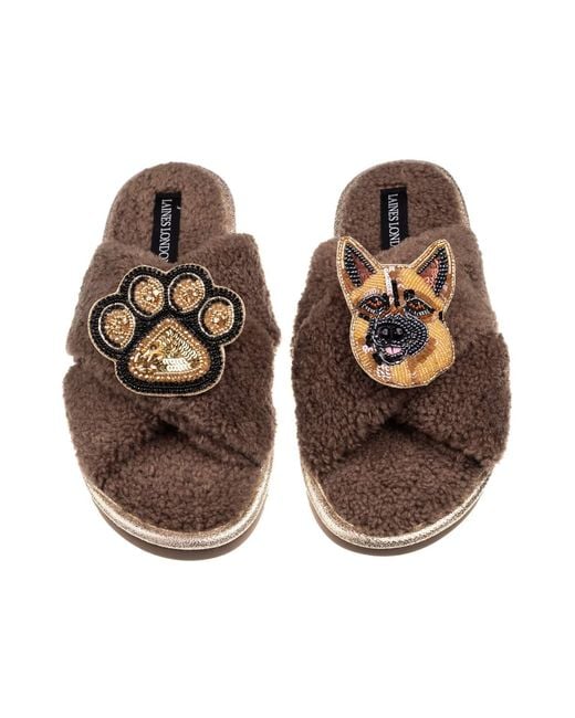 Laines London Brown Neutrals Laines Neutral Boucle Slippers With Roxy The German Shepherd & Paw Brooches