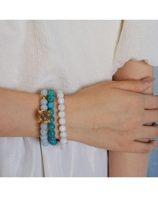 Aurozia Blue Three Charms Solar Meridian Whitegold Plated Sundial And The Sun Coin Aquamarine Beaded Bracelet