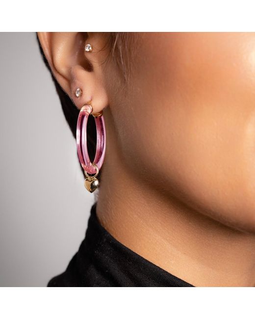Gold & Honey Pink Heart Charm Hoop Earrings