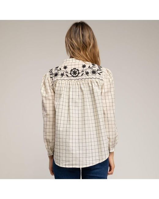 Tantra Spain Sl White Neutrals Checkered Shirt With Mandarin Collar And Embroidery On The Shoulder And Back