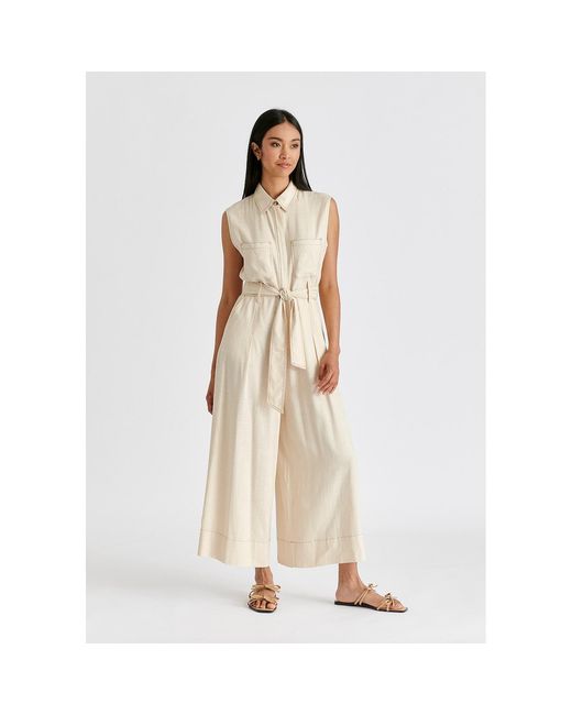 Paisie Natural Neutrals Linen Blend Jumpsuit With Stitch Details