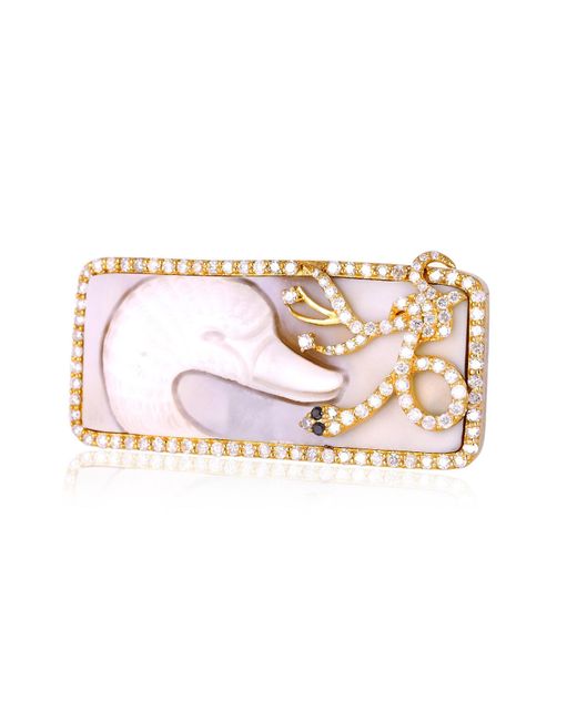 Artisan White 18k Gold With Carved Shall Cameo & Diamond Swan & Snake Design Ring