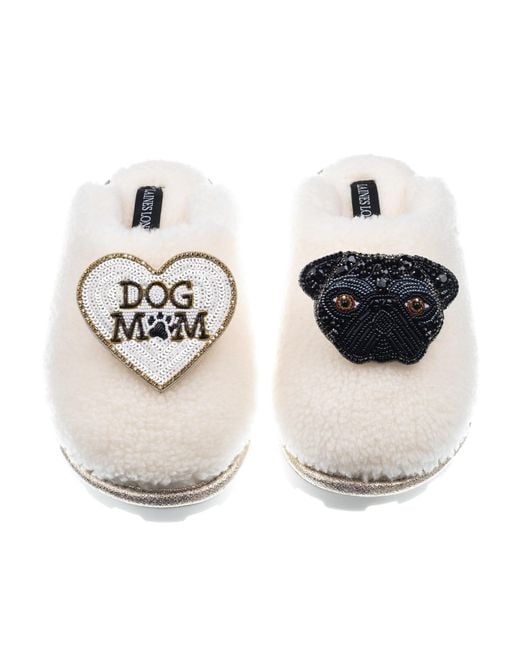 Laines London Metallic Teddy Closed Toe Slippers With Snoopy Pug & Dog Mum Mom Brooches