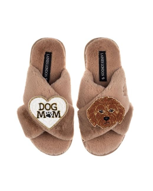 Laines London Brown Classic Laines Slippers With Dog Mum Mom & Apricot Cockapoo Brooches