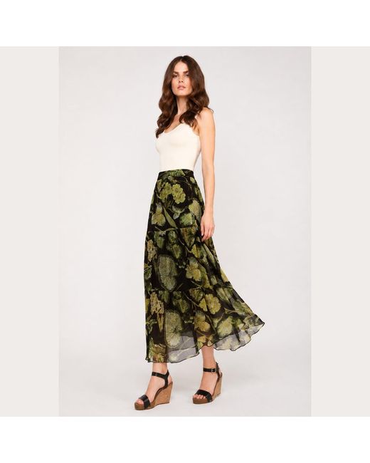 Conquista Green Floral Print Sheer Tiered Skirt – Semi-Maxi Length, Elastic Waist