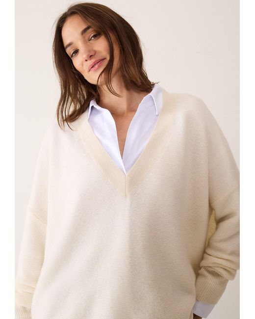 Loop Cashmere White Relaxed Lofty V Neck Sweater