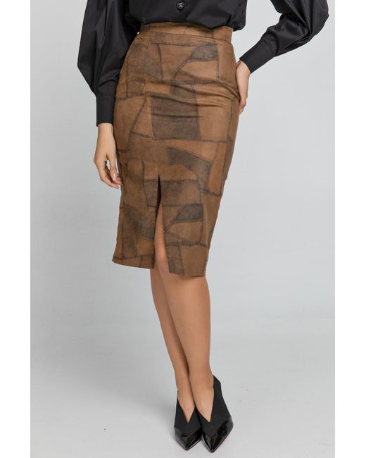 Conquista Brown Camel Patchwork Pencil Skirt