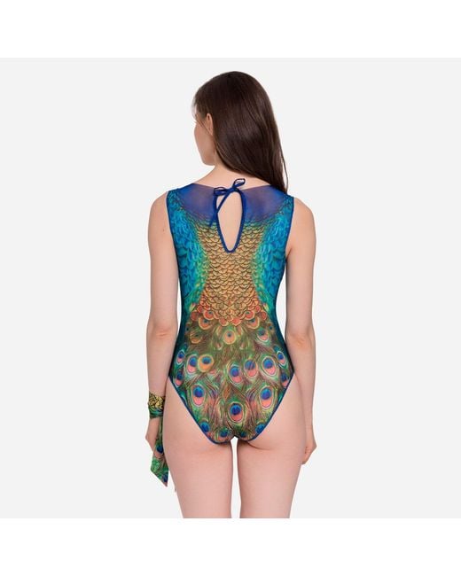 Rodasoleil Smart Swimwear Blue Tan-Through Mesh One-Piece Sleeveless Swimsuit Peacock Mayura