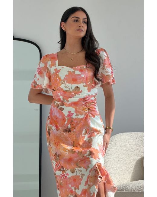 Girl In Mind Orange Heidi Floral Print Ruched Midi Dress