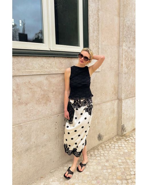 Amy Lynn Natural Verona Contrast Polka Dot Satin Midi Skirt