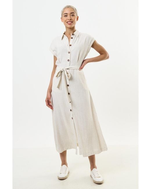 Louche White Reese Linen Mix Button Through Midi Shirt Dress