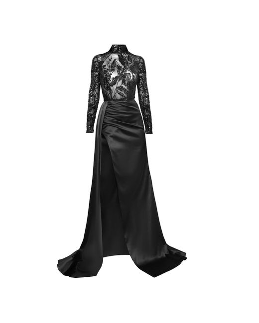 Moda Glam Black Monaco Sheer Sequin & Satin Gown With Sash