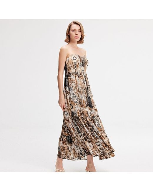 Smart and Joy Multicolor Neutrals Bustier Chiffon Maxi Dress With Abstract Floral Print