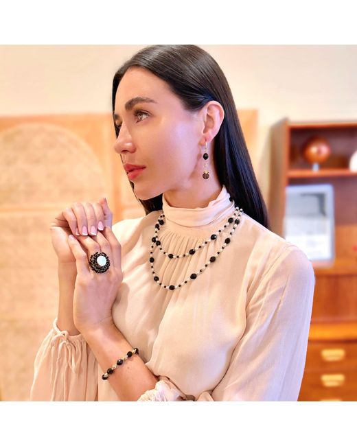 Farra Black Romantic Style Oval Obsidian With Freshwater Pearl Long Necklace