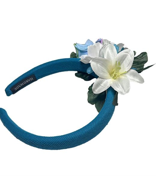 Natalia Petruch Blue Liora Striped Velvet Flower Headband – Small & Faux Flowers, Handmade Delicate Statement Hair Accessory