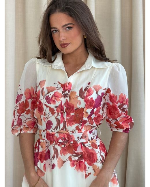 Girl In Mind Red Holland Cream And Floral Collar Midi Dress