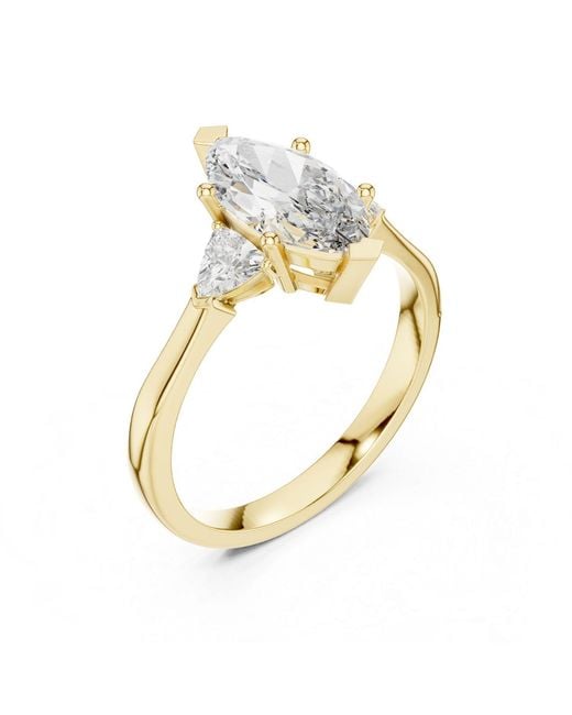 Aya Fine Jewelry Metallic Handcrafted Marquise Cut Three Stone Lab Diamond Engagement Ring With Trillion Side Stones