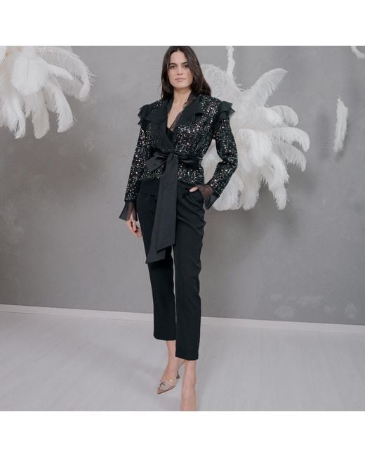 concept A trois Black Sequin Jacket With Satin Taffeta Cord And Veil Details