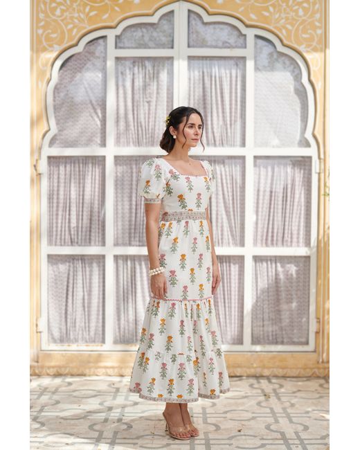 Echo of Pink White Juliet Hand Block Print Maxi Dress