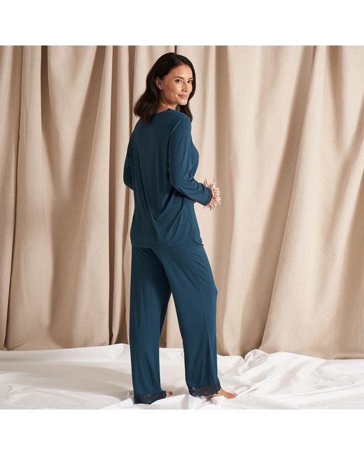 Pretty You London Blue Bamboo Lace V-Neck Pyjama Set