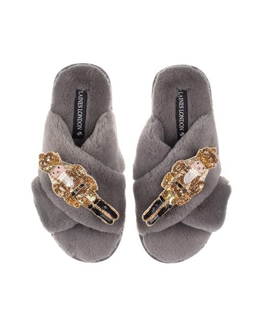 Laines London Brown Classic Laines Christmas Collection Slippers With Double Grand Nutcrackers Brooches