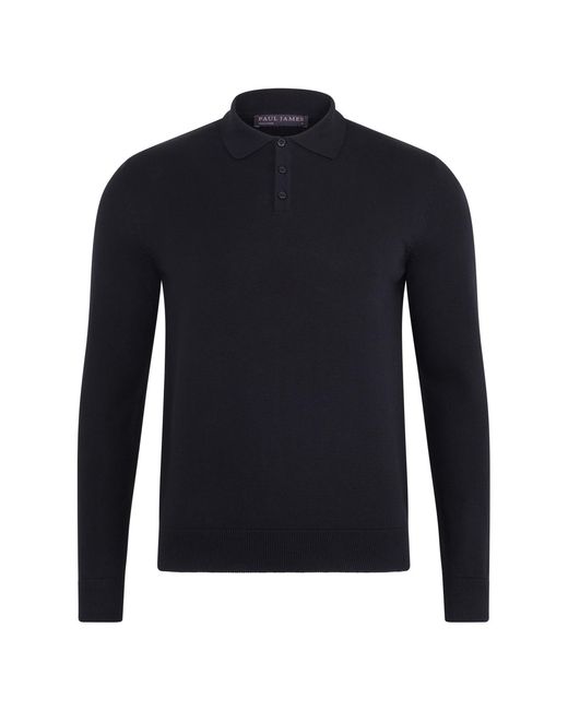 Paul James Knitwear Blue Extra Fine Merino Wool Turner Long Sleeve Polo Shirt for men