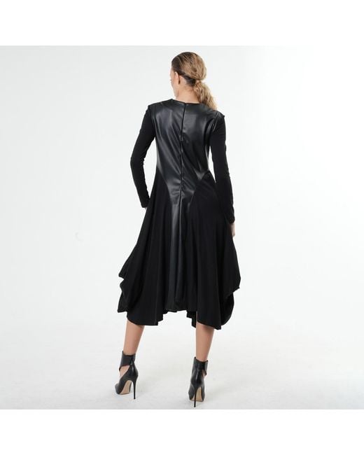 Metamorph Black Midi Dress With Leather Detail